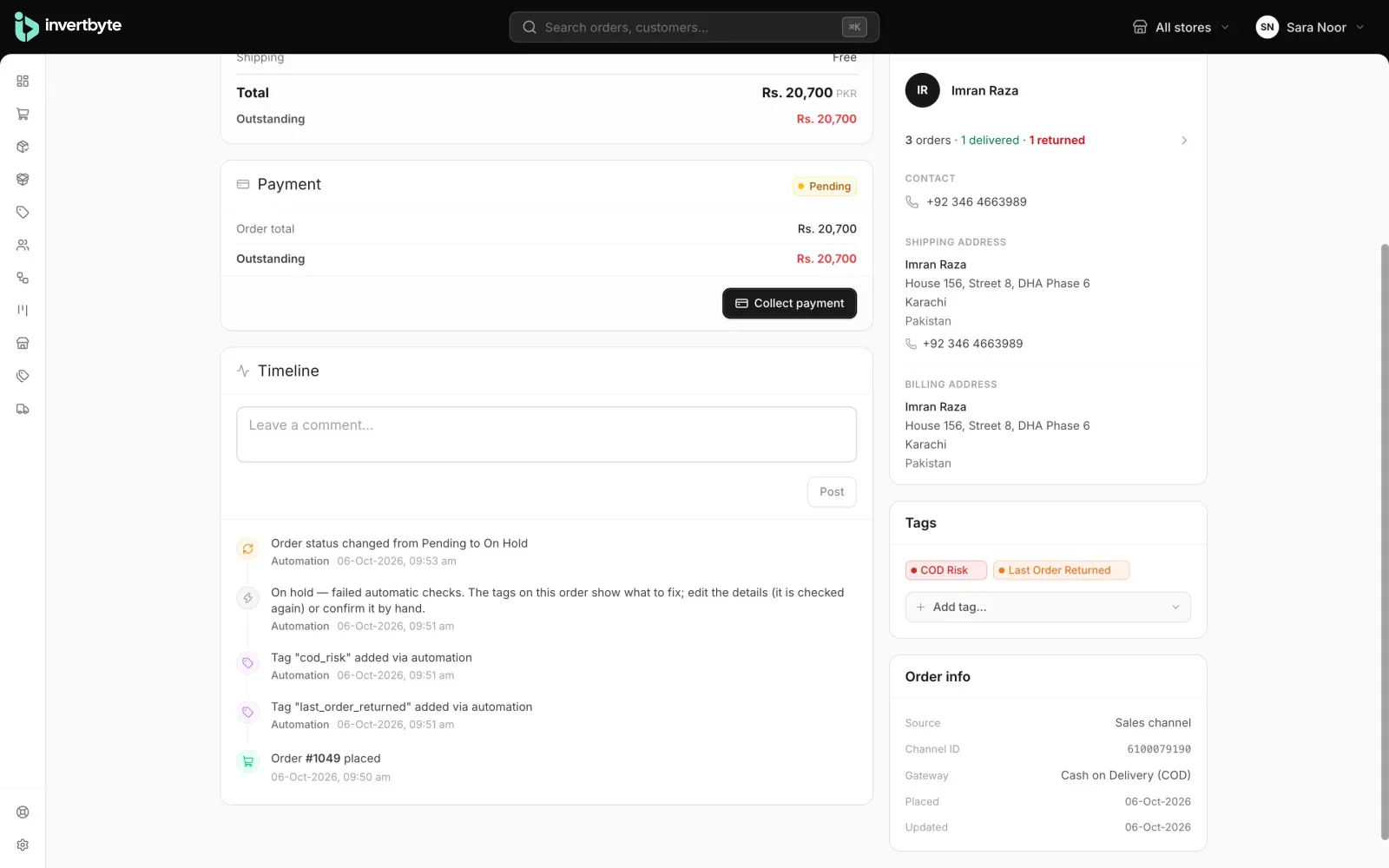 A risky COD order put on hold automatically, with the reason and the customer’s past returns