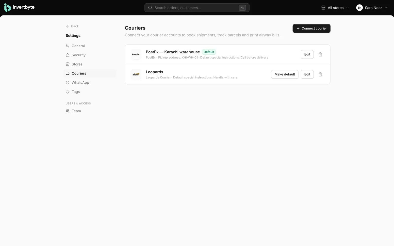 Leopards and PostEx courier accounts connected in invertbyte