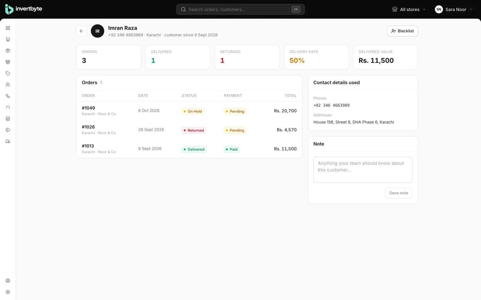 Customer page with order history, returns and delivery rate