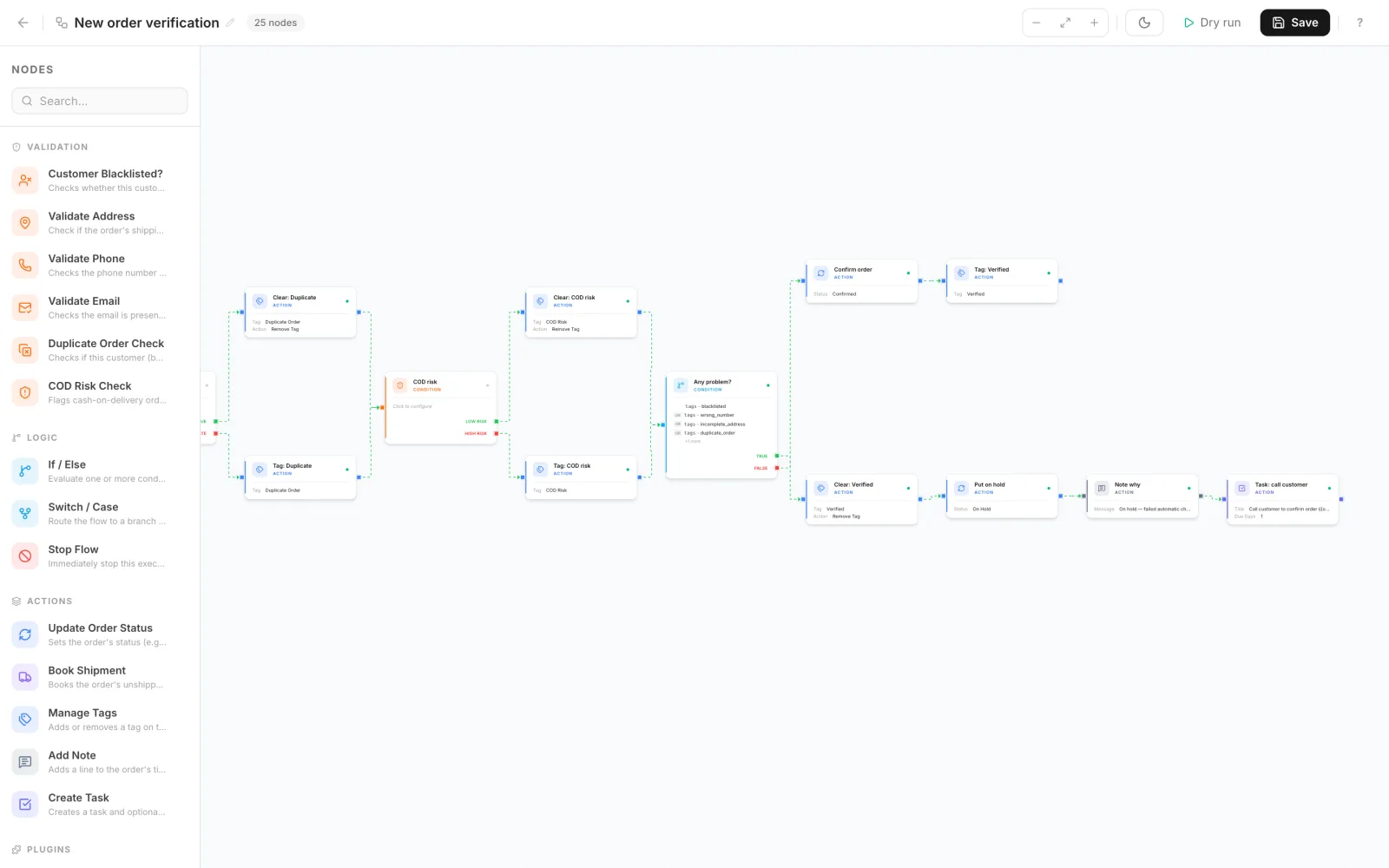 Automation flow that checks COD risk and puts risky orders on hold