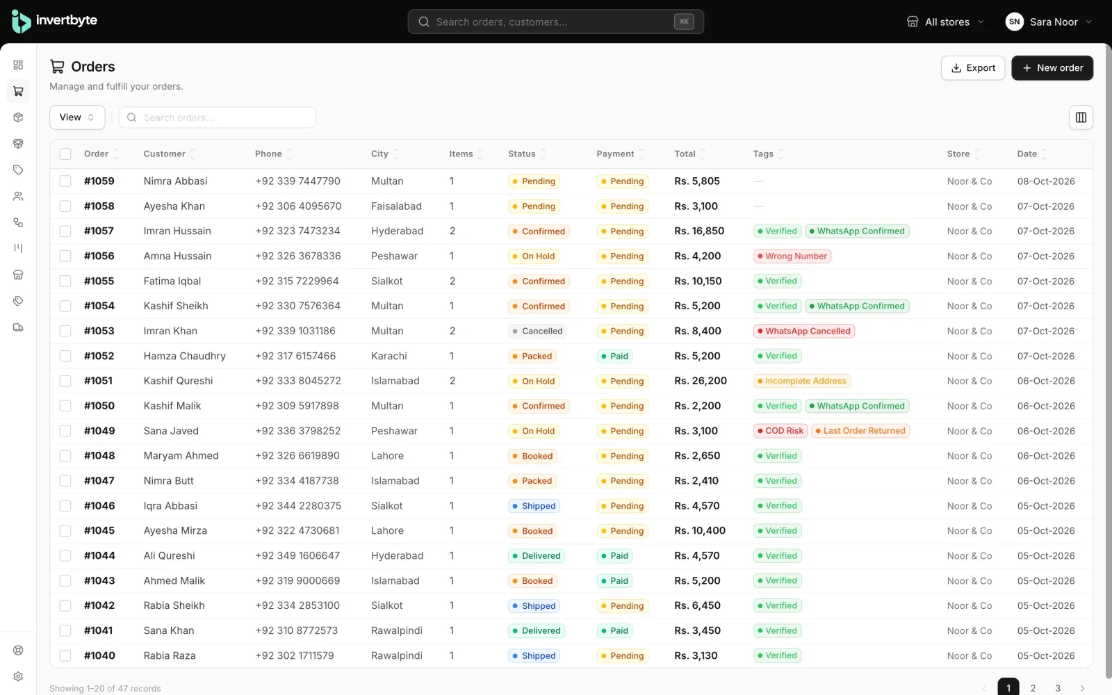 invertbyte orders list — every order with its status, payment, city and risk tags