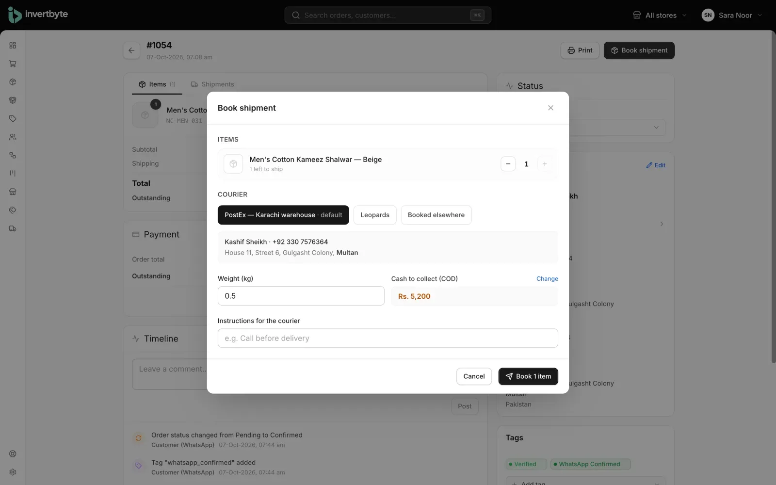 Booking a PostEx shipment from an order in invertbyte, with the COD amount filled in