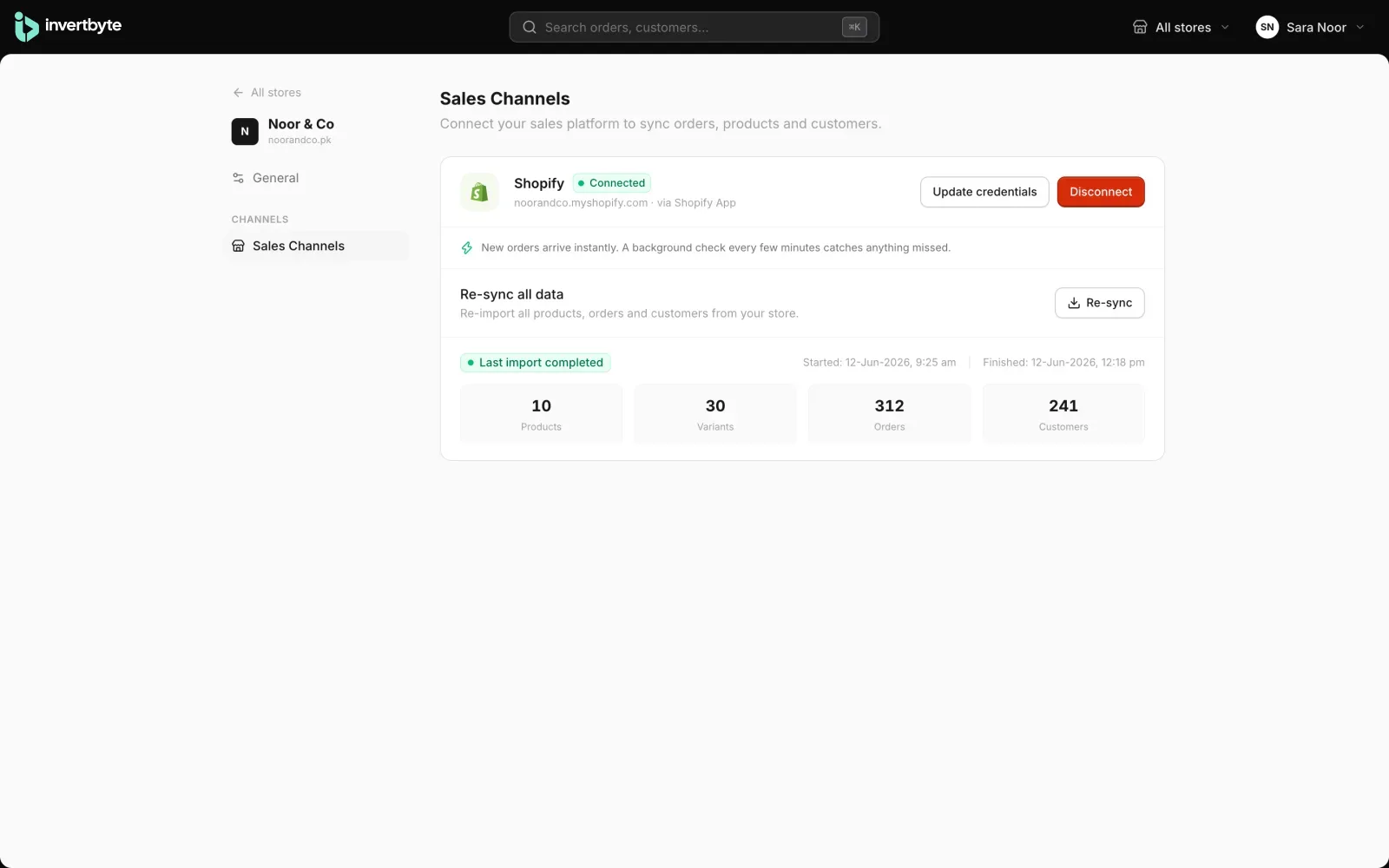 Shopify store connected to invertbyte, with real-time order sync and the first import