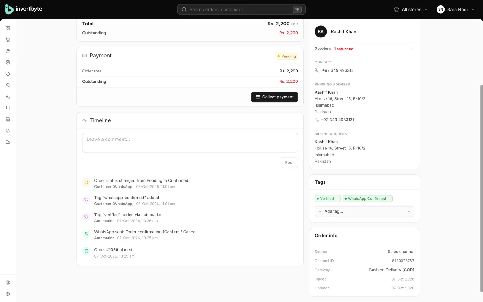 Order confirmed by the customer on WhatsApp, shown on the order timeline